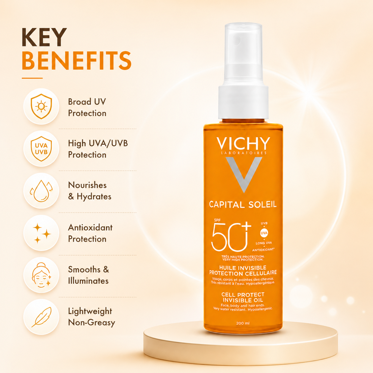 Vichy Capital Soleil Cell Protect Invisible Oil SPF 50+ 200ml sunscreen spray for face, body and hair with broad-spectrum UV protection.