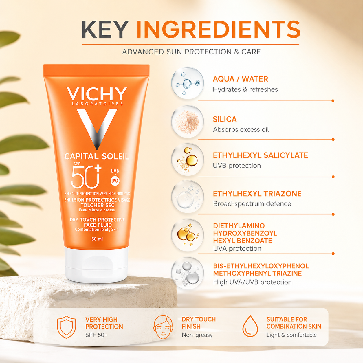Vichy Capital Soleil Dry Touch Protective Face Fluid SPF 50+ UVB/UVA 1 + 1 Offer 2 × 50ml face sunscreen with lightweight matte protection for oily skin