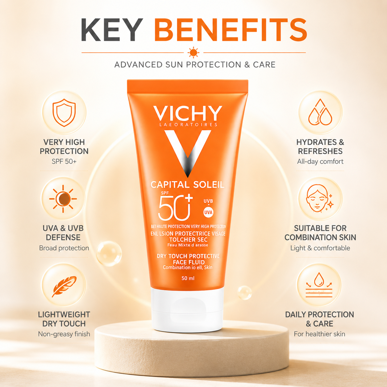 Vichy Capital Soleil Dry Touch Protective Face Fluid SPF 50+ UVB/UVA 1 + 1 Offer 2 × 50ml face sunscreen with lightweight matte protection for oily skin