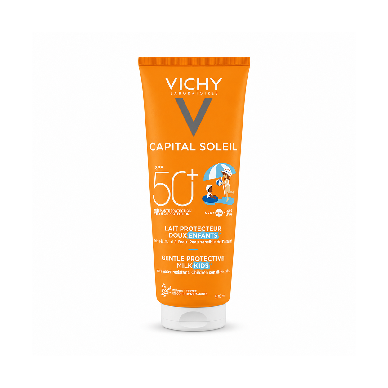 Vichy Capital Soleil Gentle Protective Milk Kids SPF 50+ sunscreen 300ml for children, providing high UVA and UVB protection for sensitive skin.