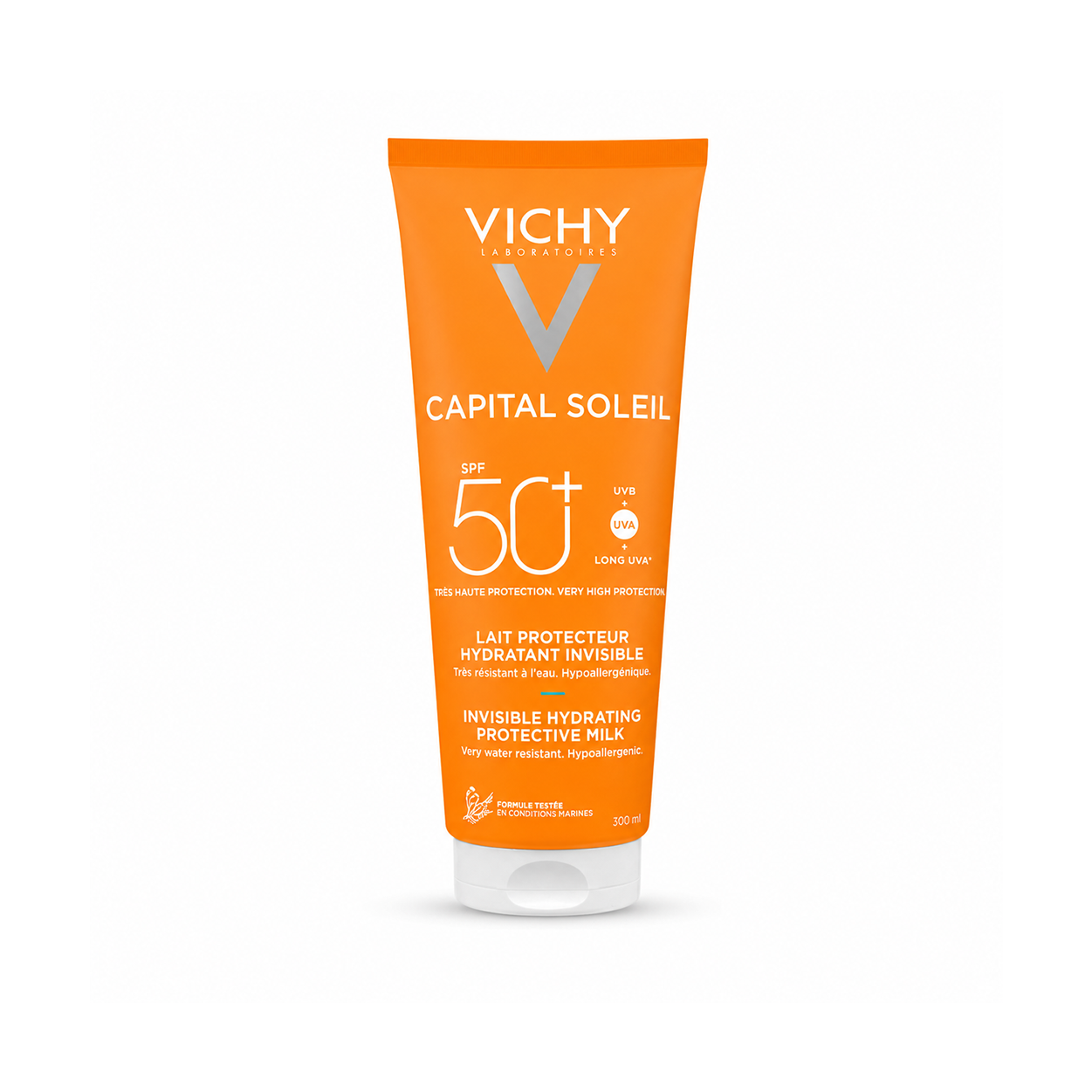 Vichy Capital Soleil Invisible Hydrating Protective Milk SPF 50+ 300ml sunscreen for face and body with broad-spectrum UV protection and hydration.