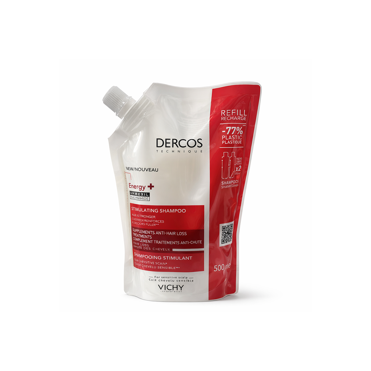 Vichy Dercos Energy+ Stimulating Anti Hair Loss Shampoo refill pouch 500ml for strengthening hair roots and reducing hair fall