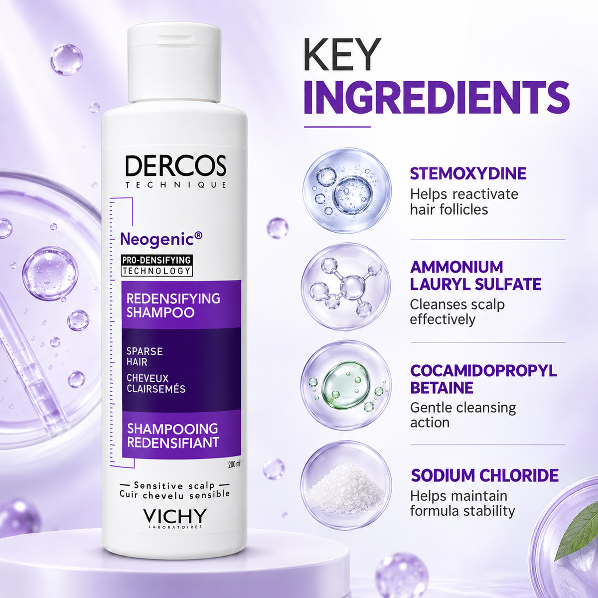 Vichy Dercos Neogenic Redensifying Shampoo 200ml for sparse hair, helping create a thicker, denser appearance