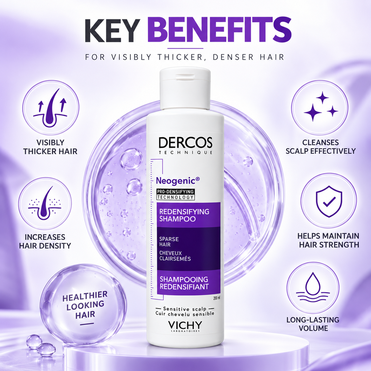 Vichy Dercos Neogenic Redensifying Shampoo 200ml for sparse hair, helping create a thicker, denser appearance