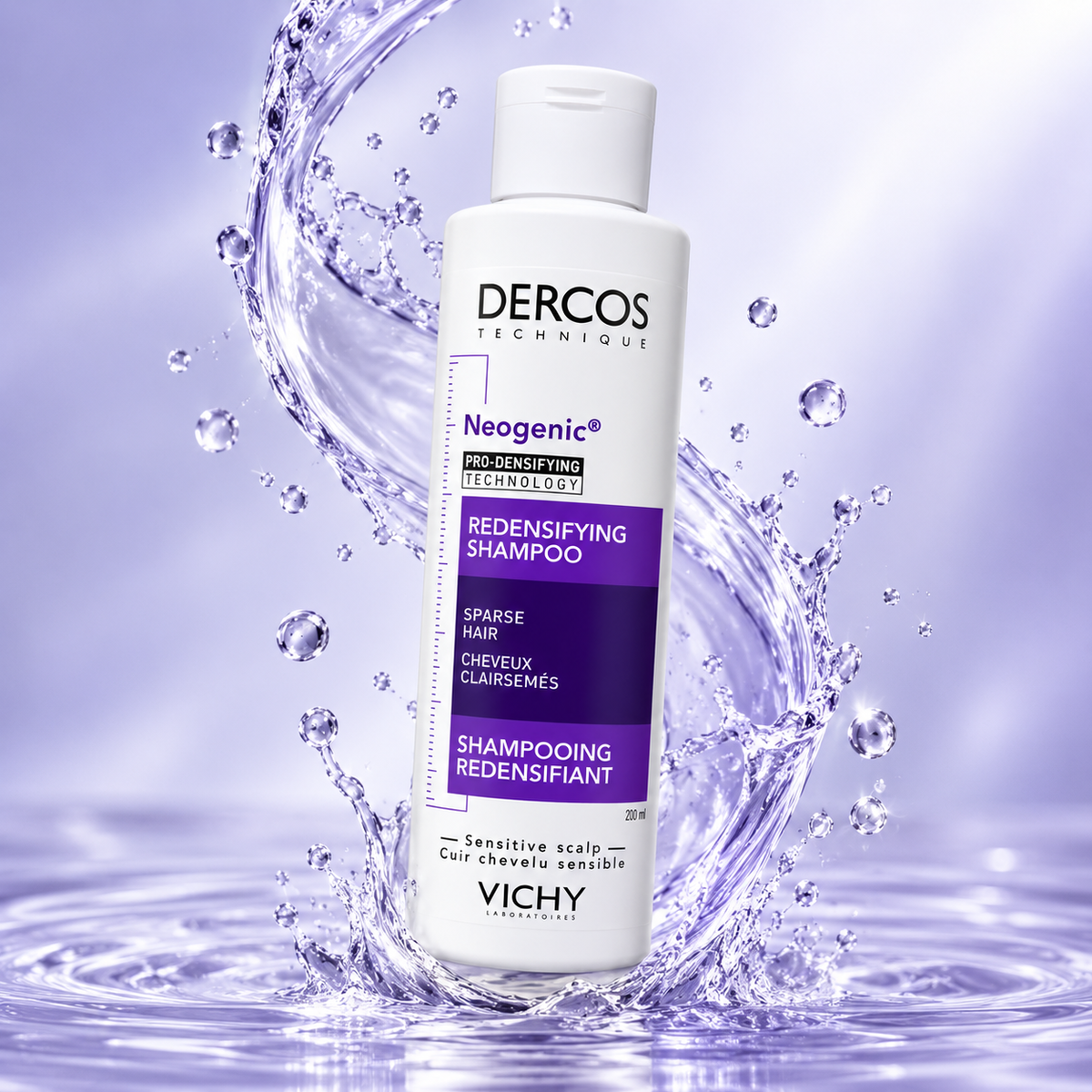 Vichy Dercos Neogenic Redensifying Shampoo 200ml for sparse hair, helping create a thicker, denser appearance