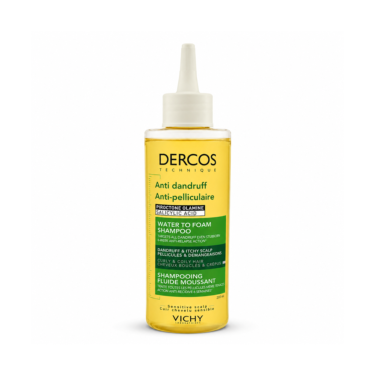Vichy Dercos Water To Foam Anti-Dandruff Shampoo 200ml for curly and coily hair, helping reduce flakes and soothe itchy scalp.