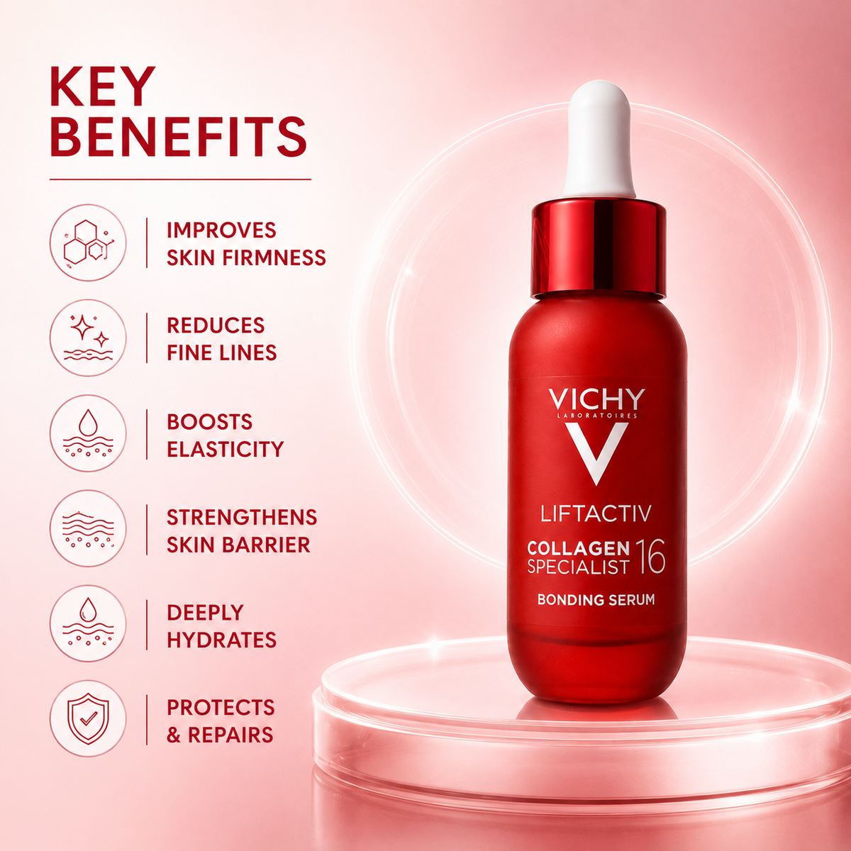 Vichy Liftactiv Collagen Specialist 16 Bonding Serum 30ml anti-ageing face serum that helps improve skin firmness and reduce wrinkles.