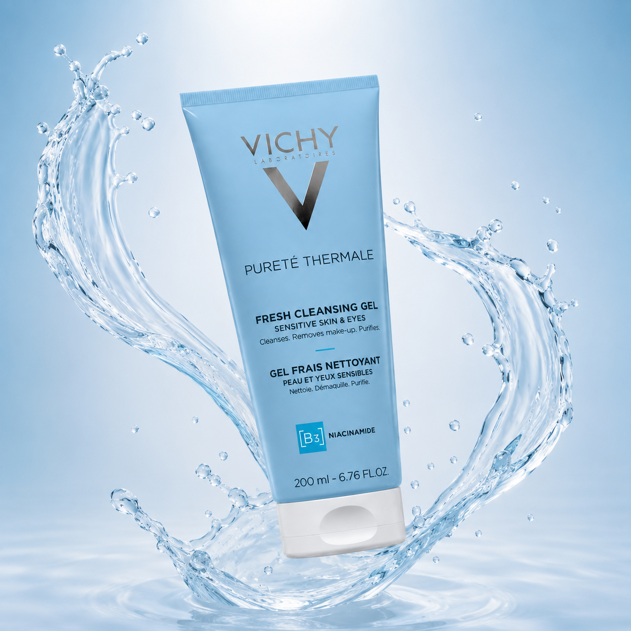Vichy Pureté Thermale Fresh Cleansing Gel Sensitive Skin & Eyes 200ml facial cleanser that gently removes makeup and purifies sensitive skin.