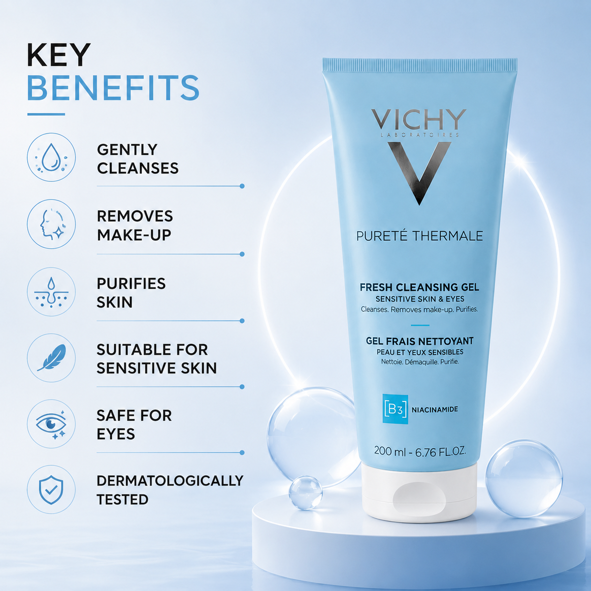 Vichy Pureté Thermale Fresh Cleansing Gel Sensitive Skin & Eyes 200ml facial cleanser that gently removes makeup and purifies sensitive skin.