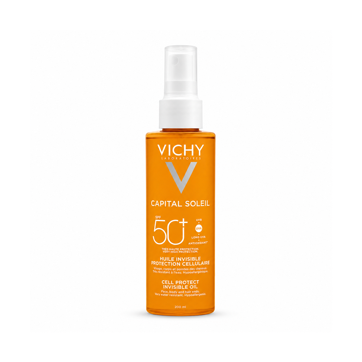 Vichy Capital Soleil Cell Protect Invisible Oil SPF 50+ 200ml sunscreen spray for face, body and hair with broad-spectrum UV protection.