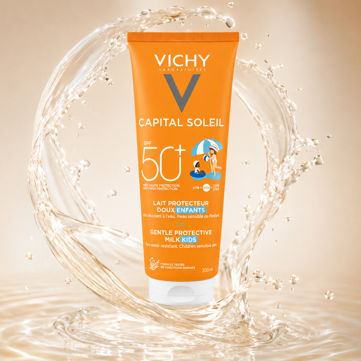 Vichy Capital Soleil Gentle Protective Milk Kids SPF 50+ sunscreen 300ml for children, providing high UVA and UVB protection for sensitive skin.