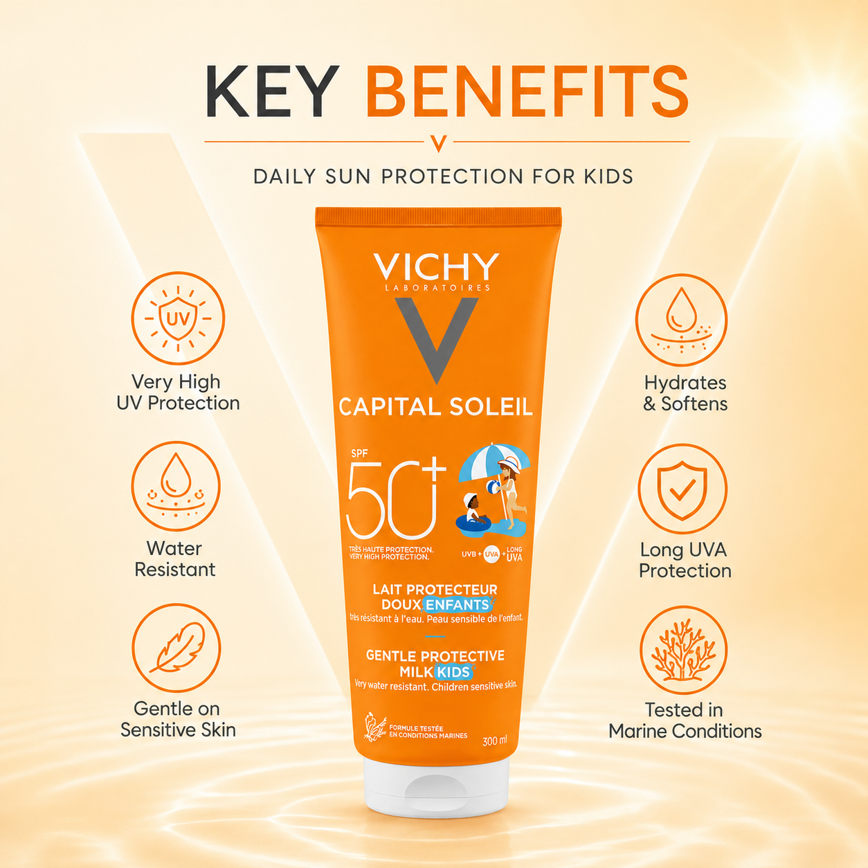 Vichy Capital Soleil Gentle Protective Milk Kids SPF 50+ sunscreen 300ml for children, providing high UVA and UVB protection for sensitive skin.
