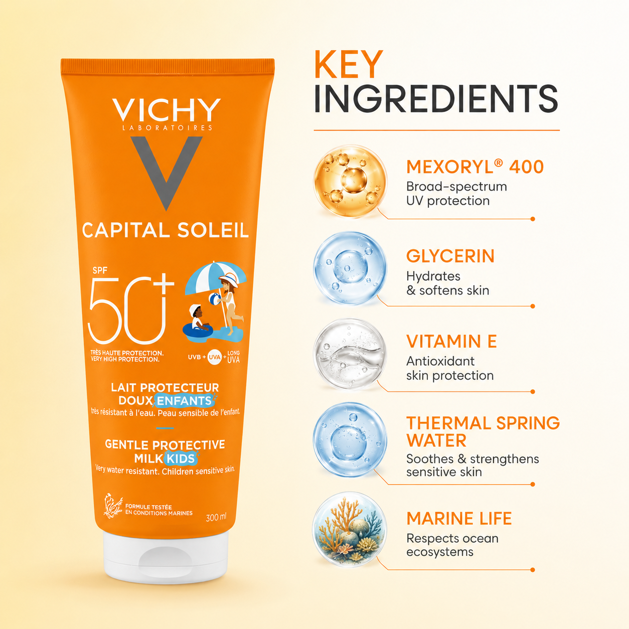Vichy Capital Soleil Gentle Protective Milk Kids SPF 50+ sunscreen 300ml for children, providing high UVA and UVB protection for sensitive skin.