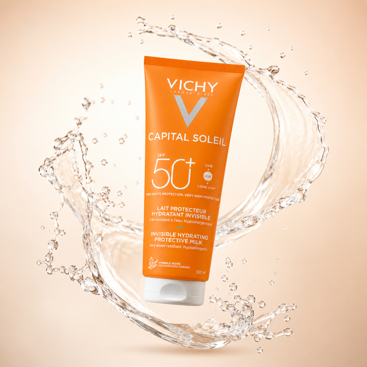 Vichy Capital Soleil Invisible Hydrating Protective Milk SPF 50+ 300ml sunscreen for face and body with broad-spectrum UV protection and hydration.