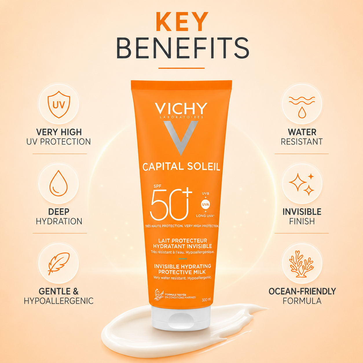Vichy Capital Soleil Invisible Hydrating Protective Milk SPF 50+ 300ml sunscreen for face and body with broad-spectrum UV protection and hydration.