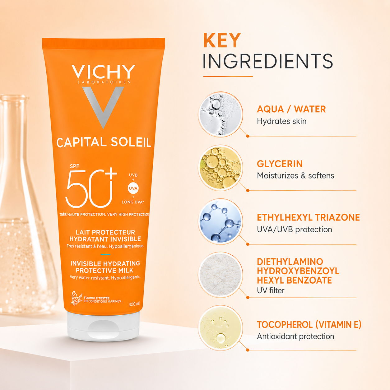 Vichy Capital Soleil Invisible Hydrating Protective Milk SPF 50+ 300ml sunscreen for face and body with broad-spectrum UV protection and hydration.