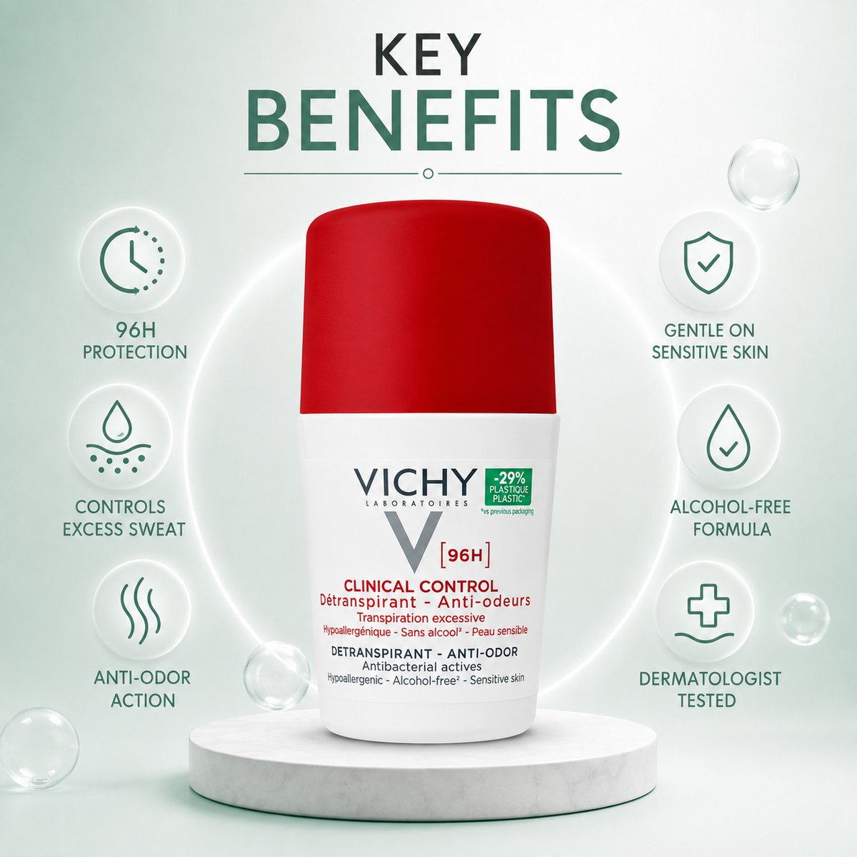 Vichy Clinical Control 96H Détranspirant Anti-Odeurs roll-on antiperspirant 50ml for 96-hour sweat protection