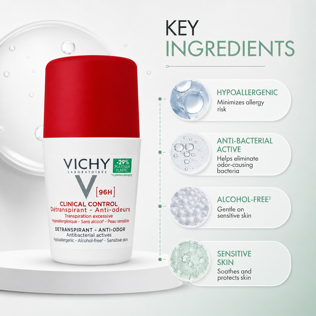 Vichy Clinical Control 96H Détranspirant Anti-Odeurs roll-on antiperspirant 50ml for 96-hour sweat protection