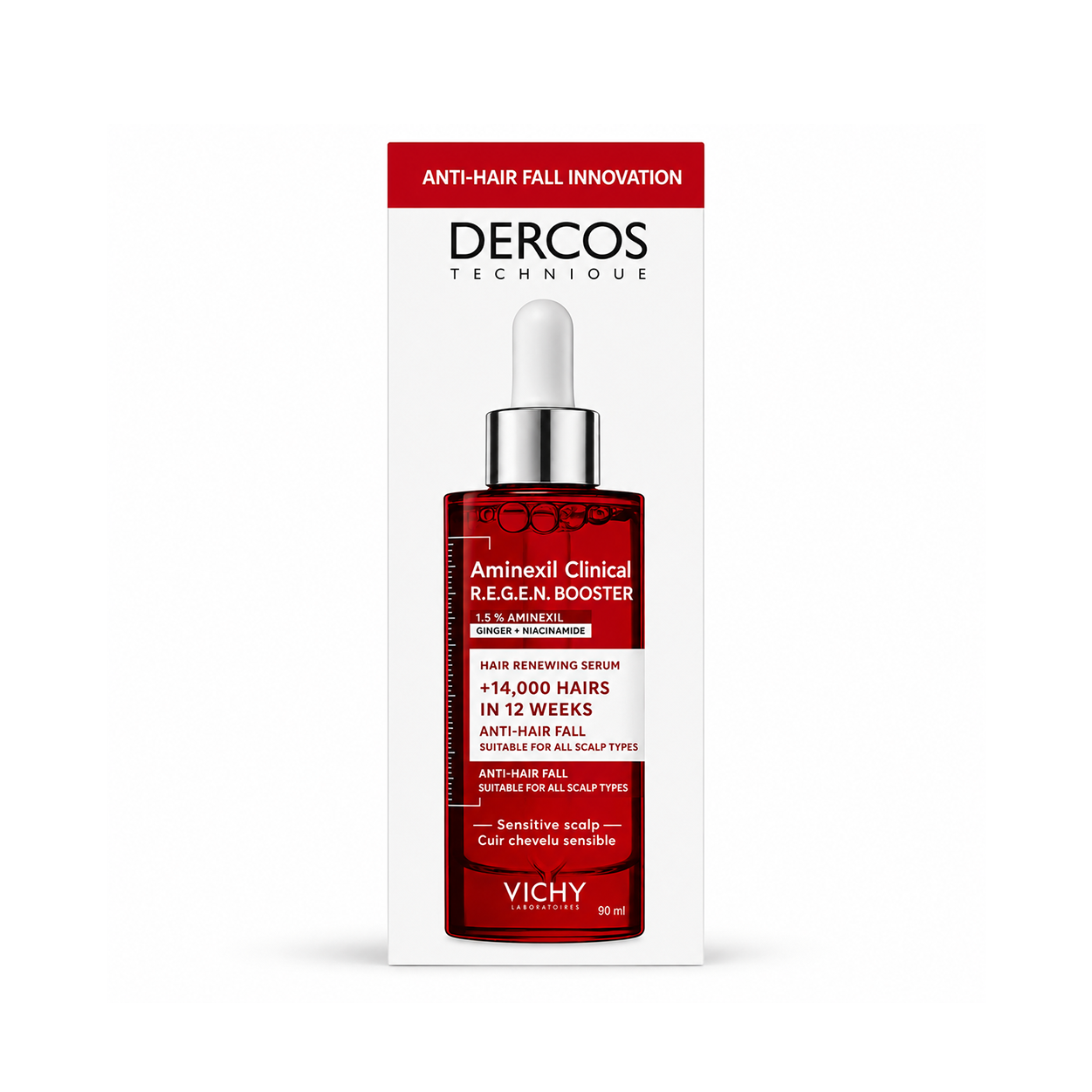 Vichy Dercos Technique Aminexil Clinical R.E.G.E.N. Booster Hair Renewing Serum 90ml anti hair fall scalp serum that helps strengthen hair roots and reduce hair fall.
