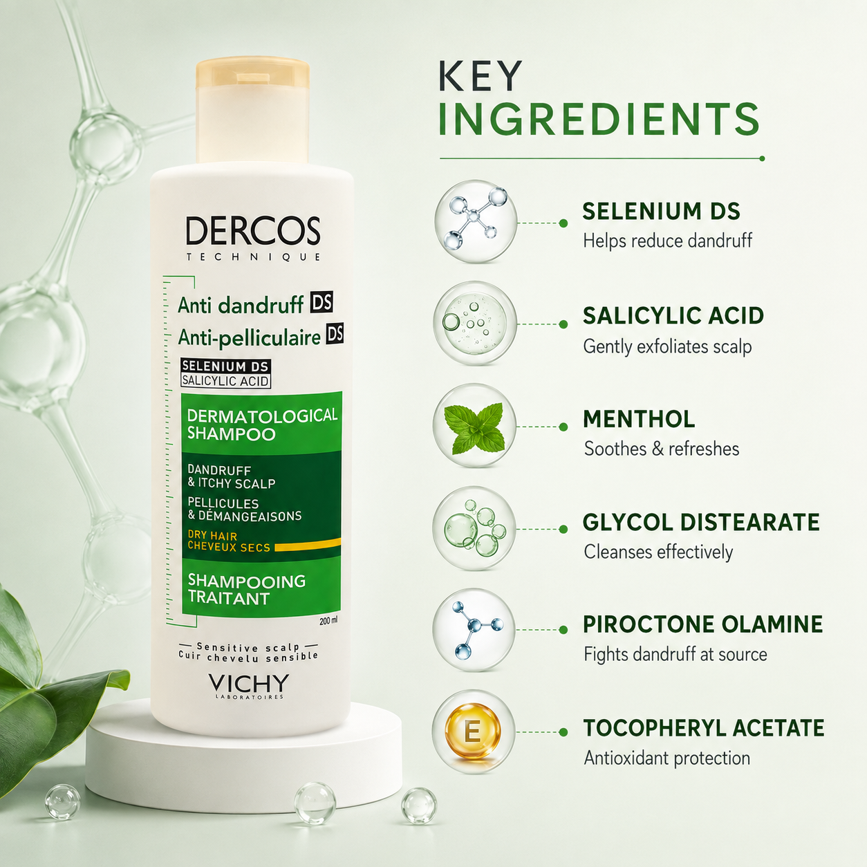 Vichy Dercos Technique Anti-Dandruff DS Treatment Shampoo for Dry Hair 200ml for dandruff and itchy scalp