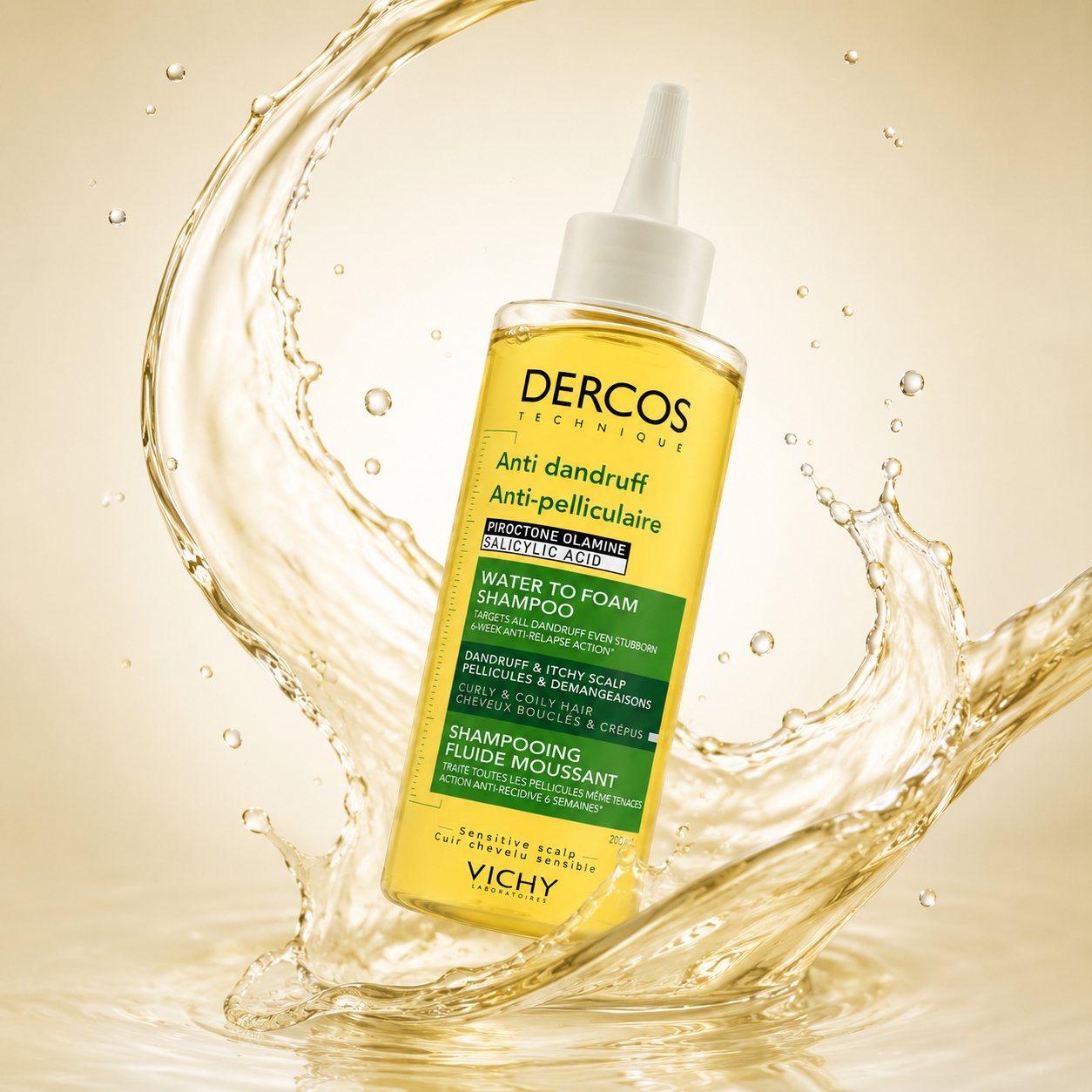 Vichy Dercos Water To Foam Anti-Dandruff Shampoo 200ml for curly and coily hair, helping reduce flakes and soothe itchy scalp.