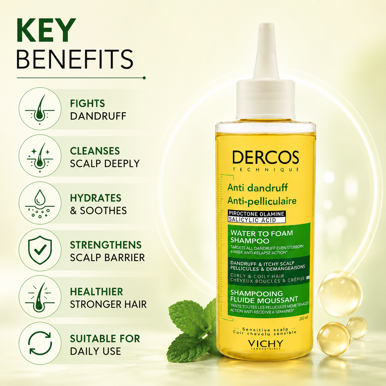 Vichy Dercos Water To Foam Anti-Dandruff Shampoo 200ml for curly and coily hair, helping reduce flakes and soothe itchy scalp.