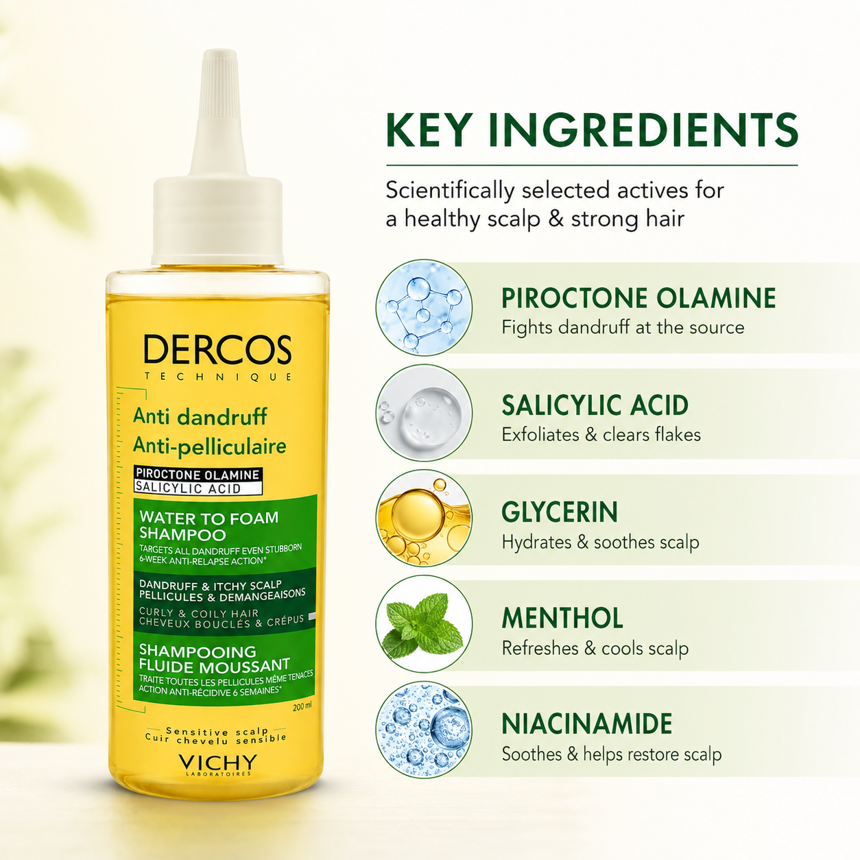 Vichy Dercos Water To Foam Anti-Dandruff Shampoo 200ml for curly and coily hair, helping reduce flakes and soothe itchy scalp.