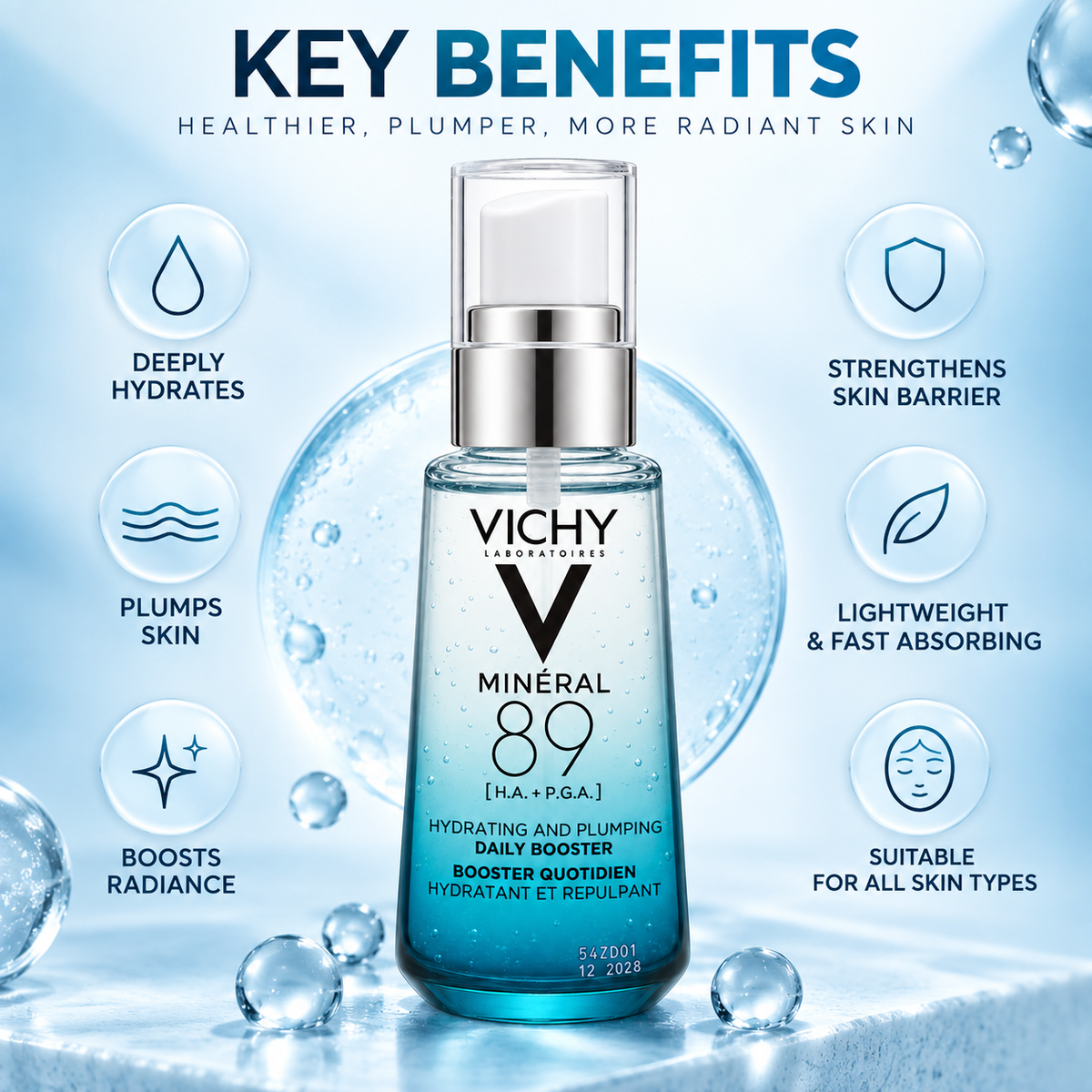 Vichy Minéral 89 Hydrating and Plumping Daily Booster facial serum 50ml for deep skin hydration