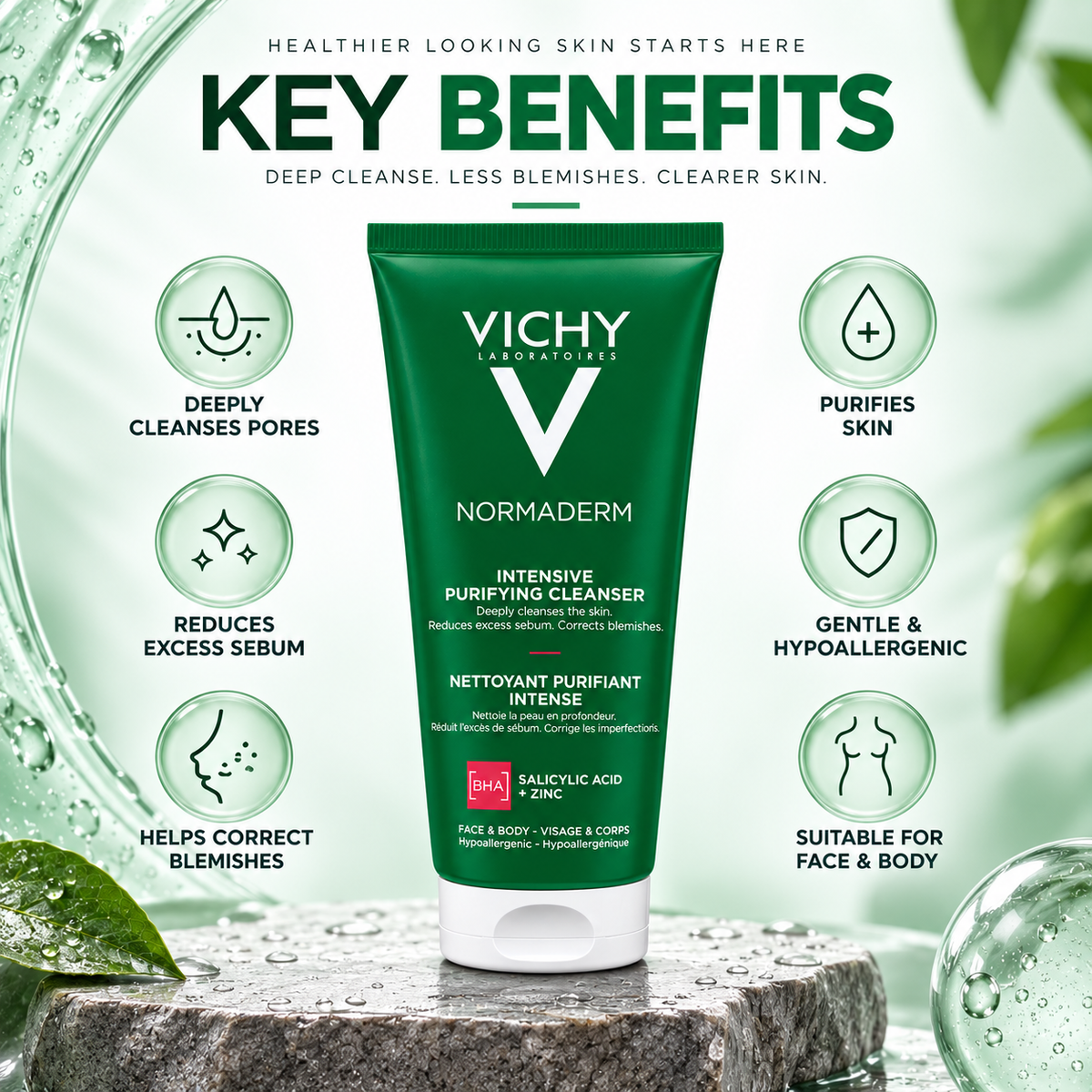 Vichy Normaderm Intensive Purifying Cleanser 200ml for oily skin, with salicylic acid and zinc for deep cleansing