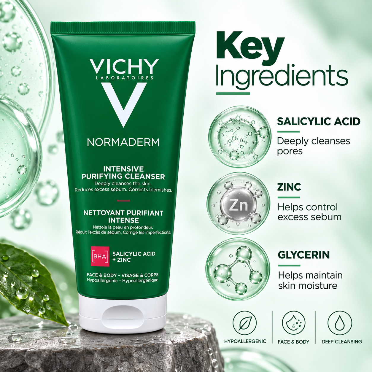 Vichy Normaderm Intensive Purifying Cleanser 200ml for oily skin, with salicylic acid and zinc for deep cleansing