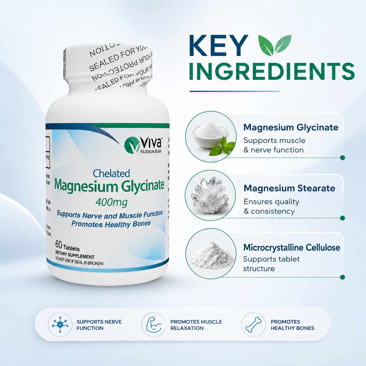 Viva Nutraceuticals Chelated Magnesium Glycinate 400mg dietary supplement tablets for muscle and nerve support 60 tablets