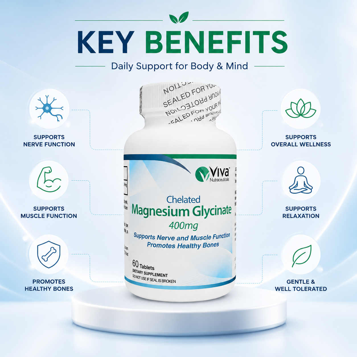 Viva Nutraceuticals Chelated Magnesium Glycinate 400mg dietary supplement tablets for muscle and nerve support 60 tablets