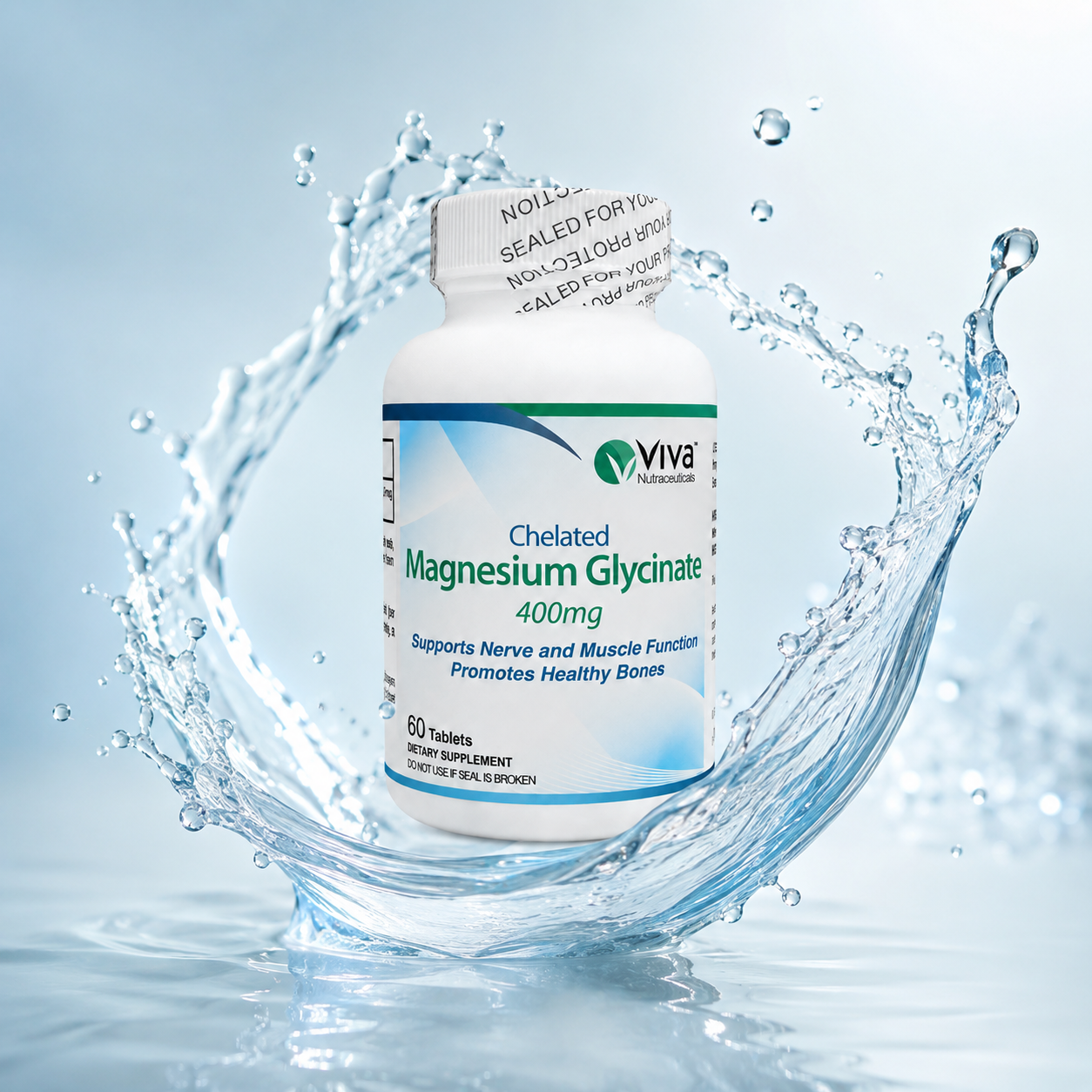Viva Nutraceuticals Chelated Magnesium Glycinate 400mg dietary supplement tablets for muscle and nerve support 60 tablets