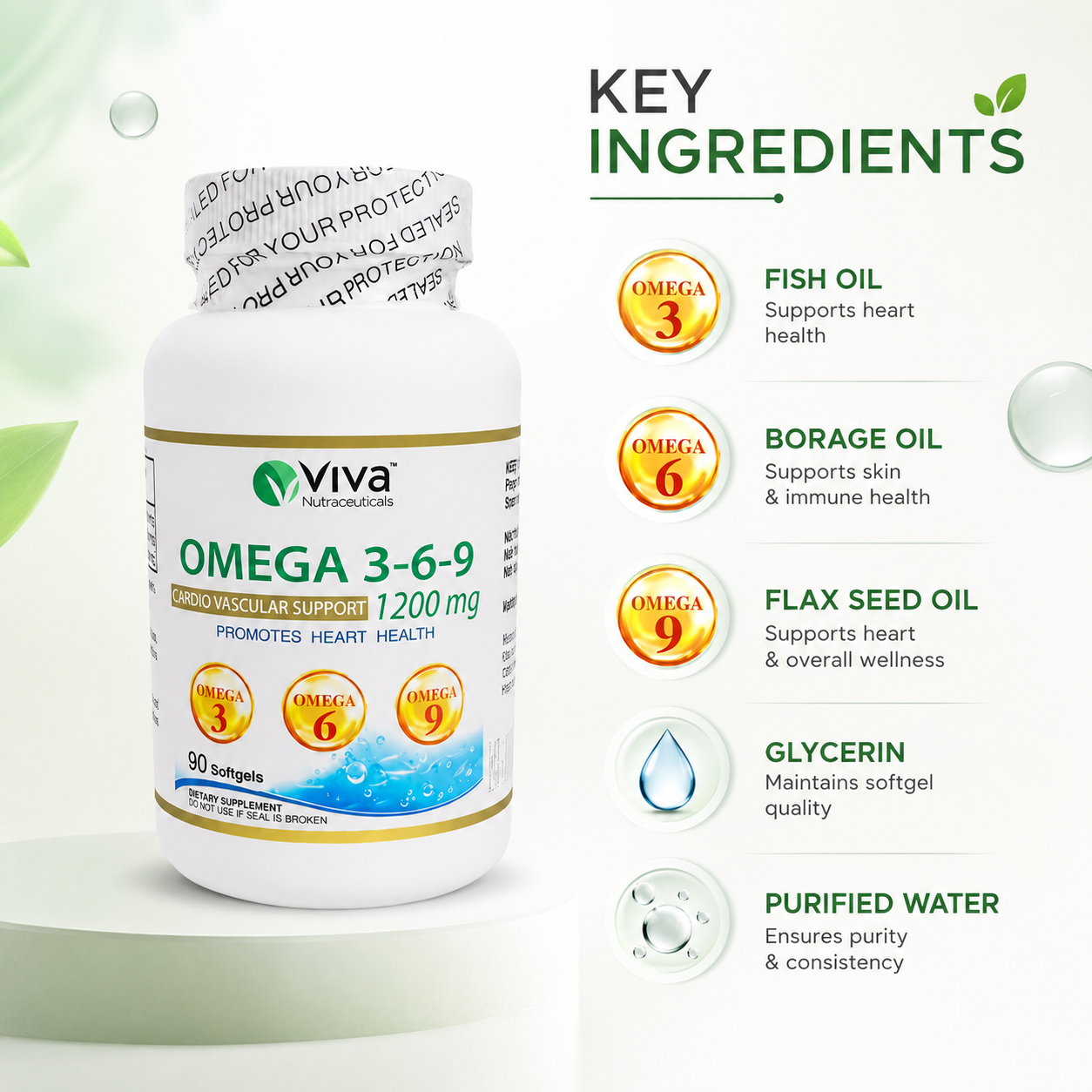 Viva Nutraceuticals Omega 3-6-9 Cardio Vascular Support 1200mg softgels for heart and overall wellness support
