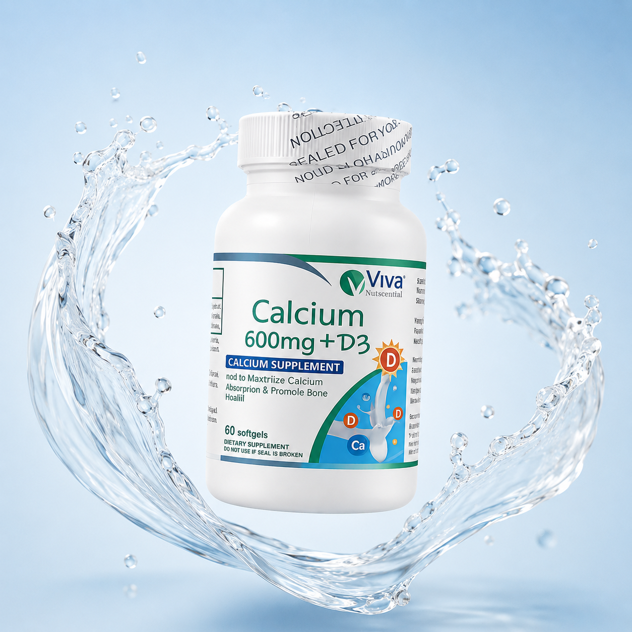 Viva Nutraceuticals Calcium 600mg + D3 calcium supplement softgels 60 count for bone strength and calcium absorption support