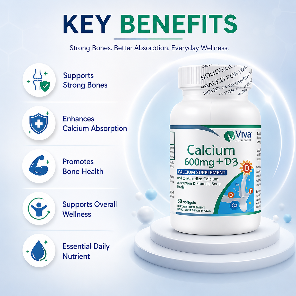 Viva Nutraceuticals Calcium 600mg + D3 calcium supplement softgels 60 count for bone strength and calcium absorption support