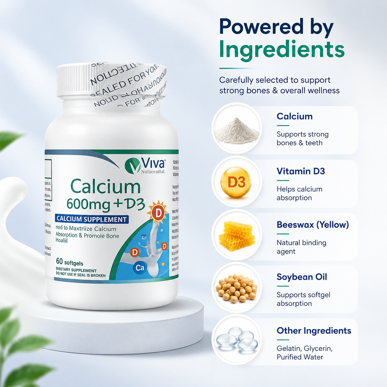 Viva Nutraceuticals Calcium 600mg + D3 calcium supplement softgels 60 count for bone strength and calcium absorption support