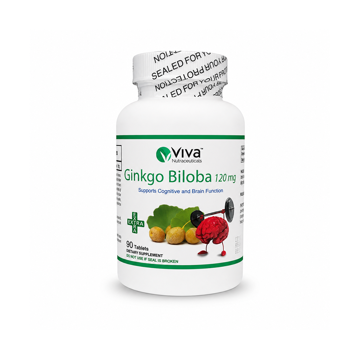 Viva Nutraceuticals Ginkgo Biloba 120mg brain support supplement tablets 90 count for memory, focus, and cognitive function support