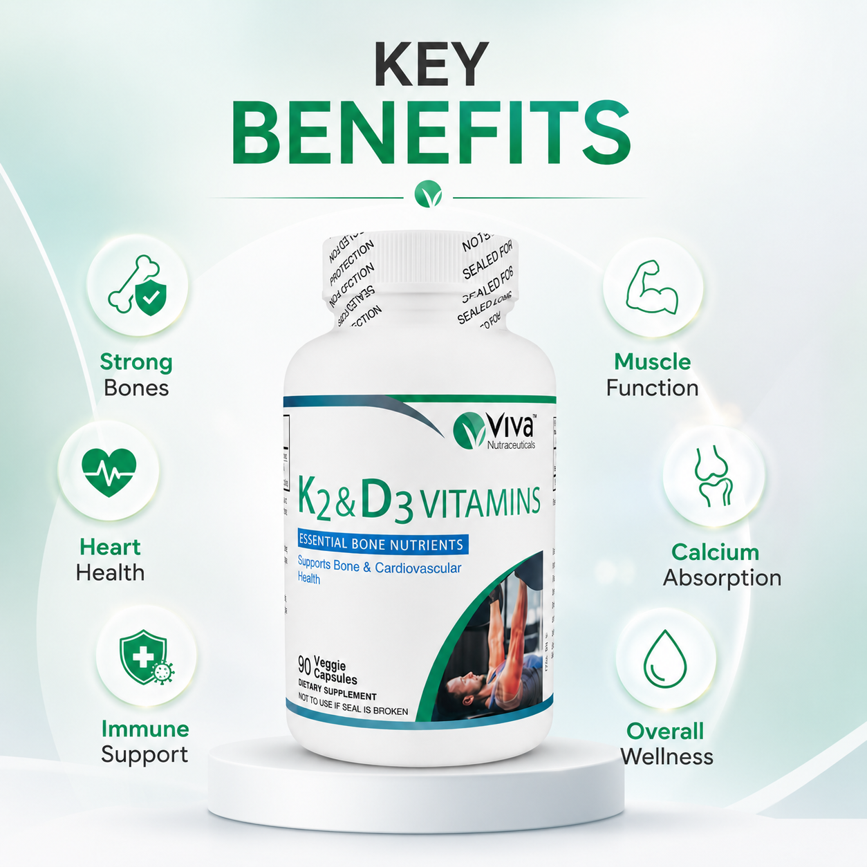 Viva Nutraceuticals K2 & D3 Vitamins veggie capsules for bone and cardiovascular support 90 capsules supplement bottle