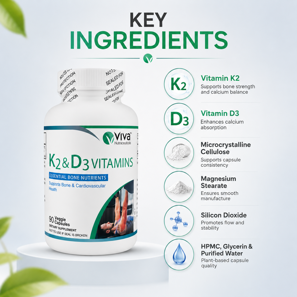 Viva Nutraceuticals K2 & D3 Vitamins veggie capsules for bone and cardiovascular support 90 capsules supplement bottle