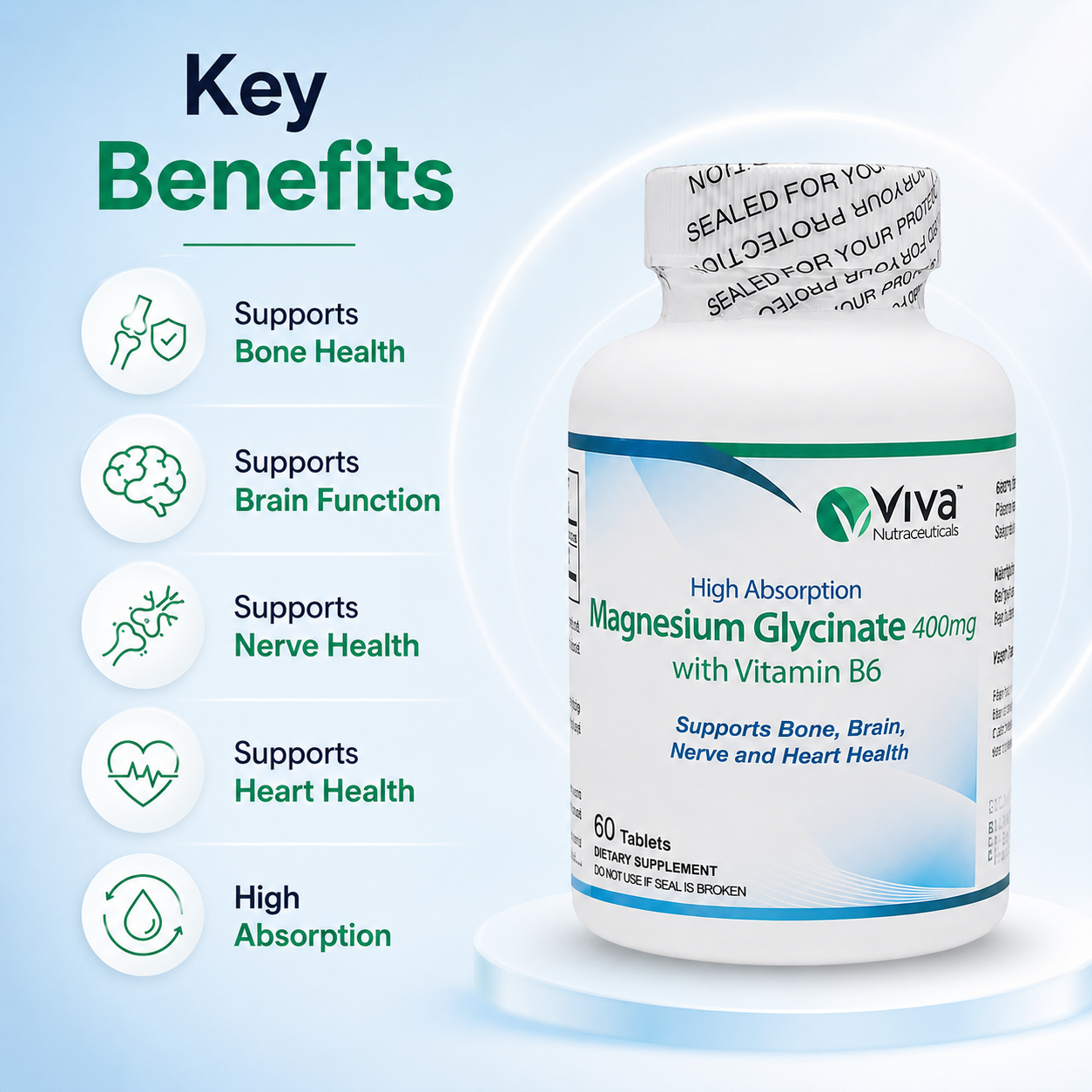 Viva Nutraceuticals Magnesium Glycinate 400mg with Vitamin B6 tablets supplement for muscle and nerve support 60 tablets