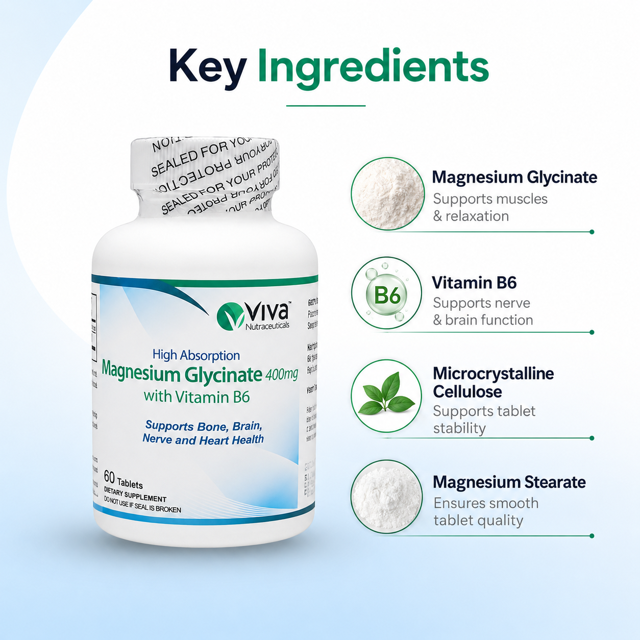 Viva Nutraceuticals Magnesium Glycinate 400mg with Vitamin B6 tablets supplement for muscle and nerve support 60 tablets