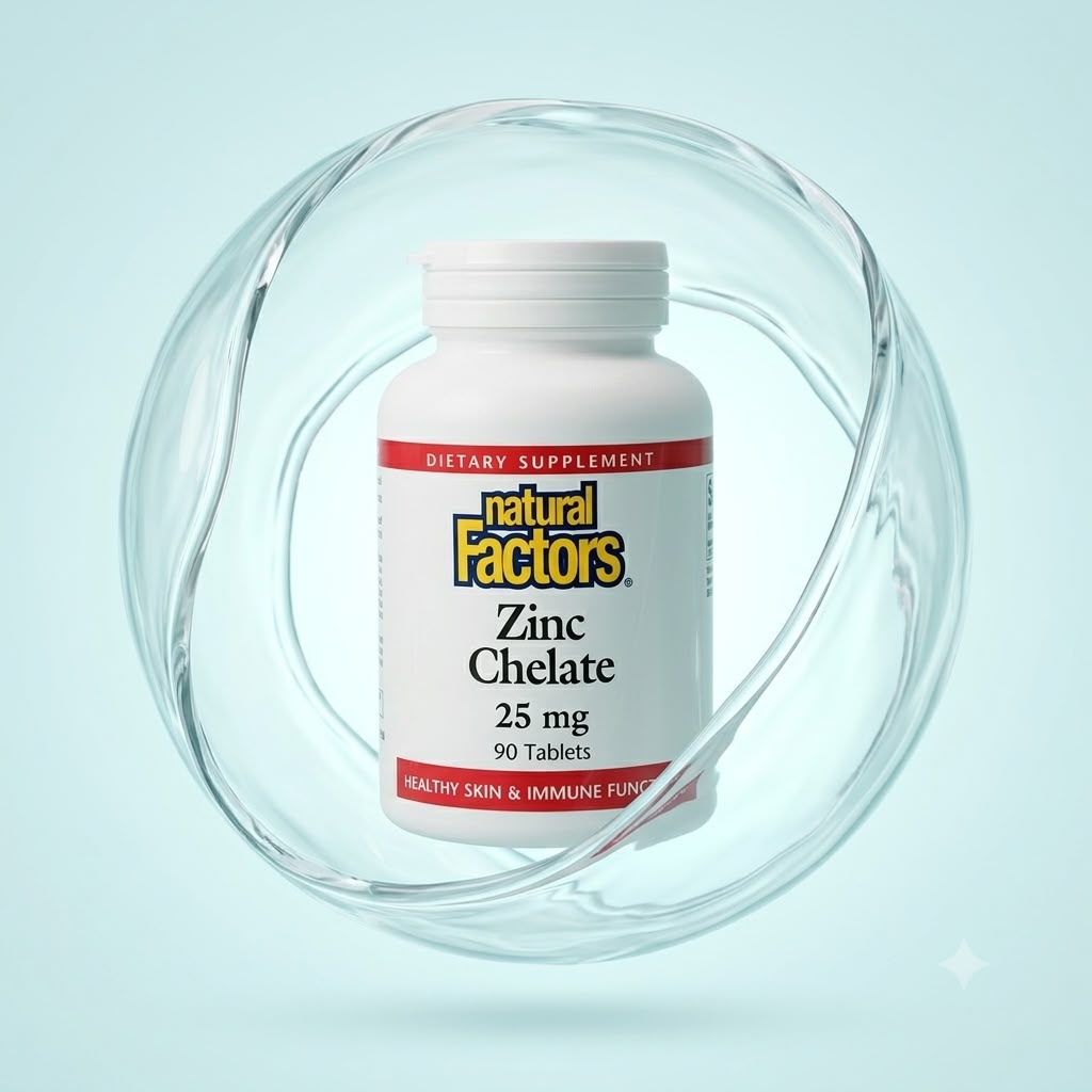 Natural Factors Zinc Chelate 25 mg 90 Tablets dietary supplement bottle supporting immune function and healthy skin with highly absorbable chelated zinc.
