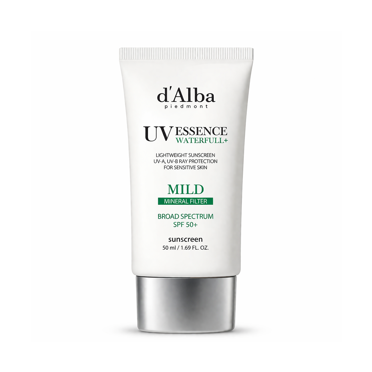 d'Alba UV Essence Waterfull+ Mild Mineral Sunscreen SPF50+ 50ml box with zinc oxide formula for sensitive skin protection