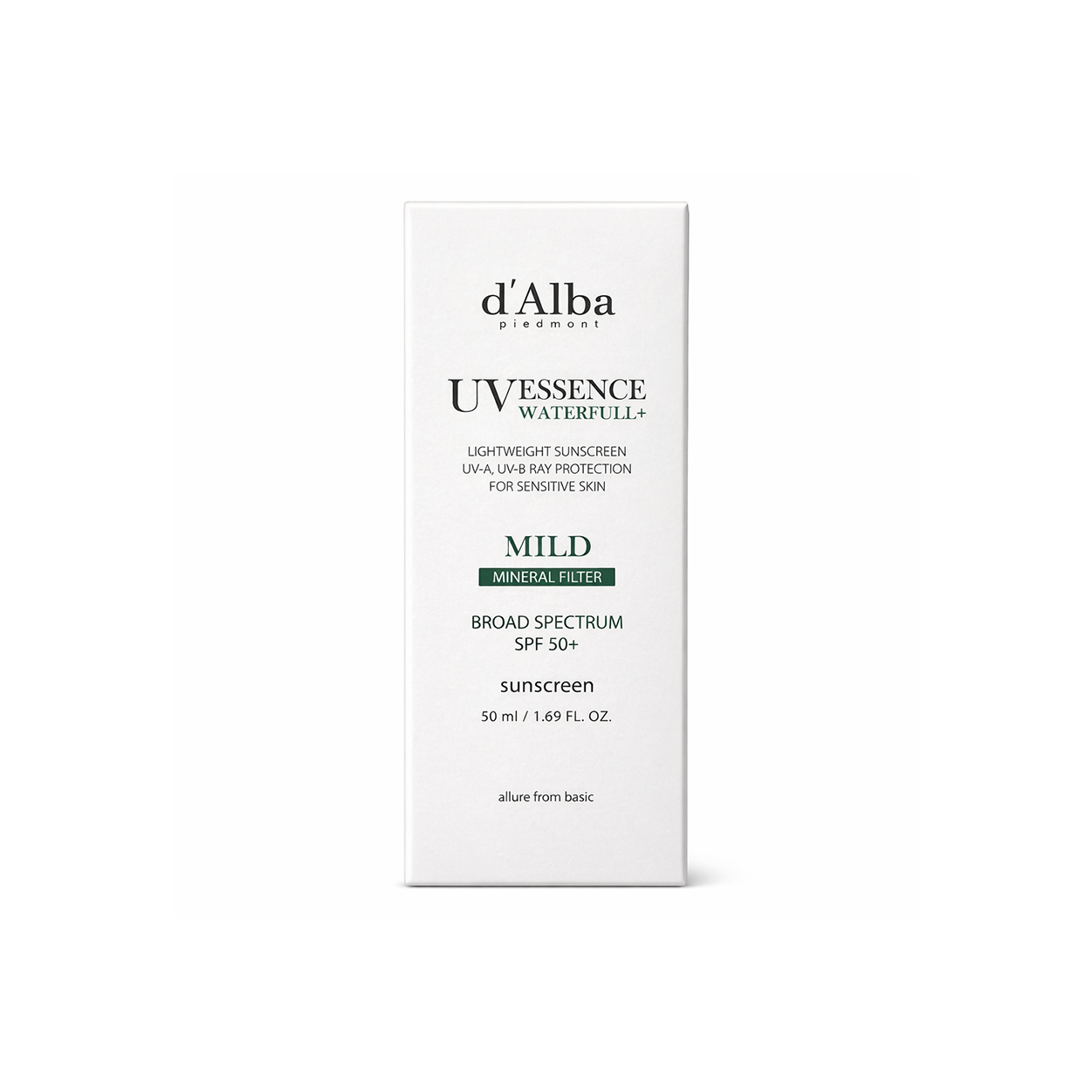 d'Alba UV Essence Waterfull+ Mild Mineral Sunscreen SPF50+ 50ml box with zinc oxide formula for sensitive skin protection