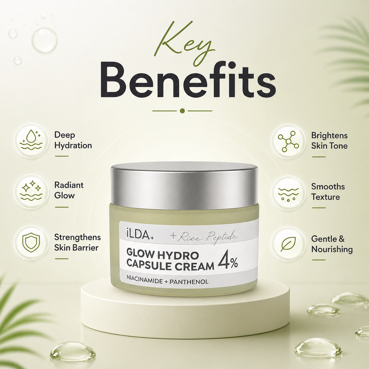 iLDA+ Glow Hydro Capsule Cream 4% face moisturizer with niacinamide and panthenol for hydration and skin brightening