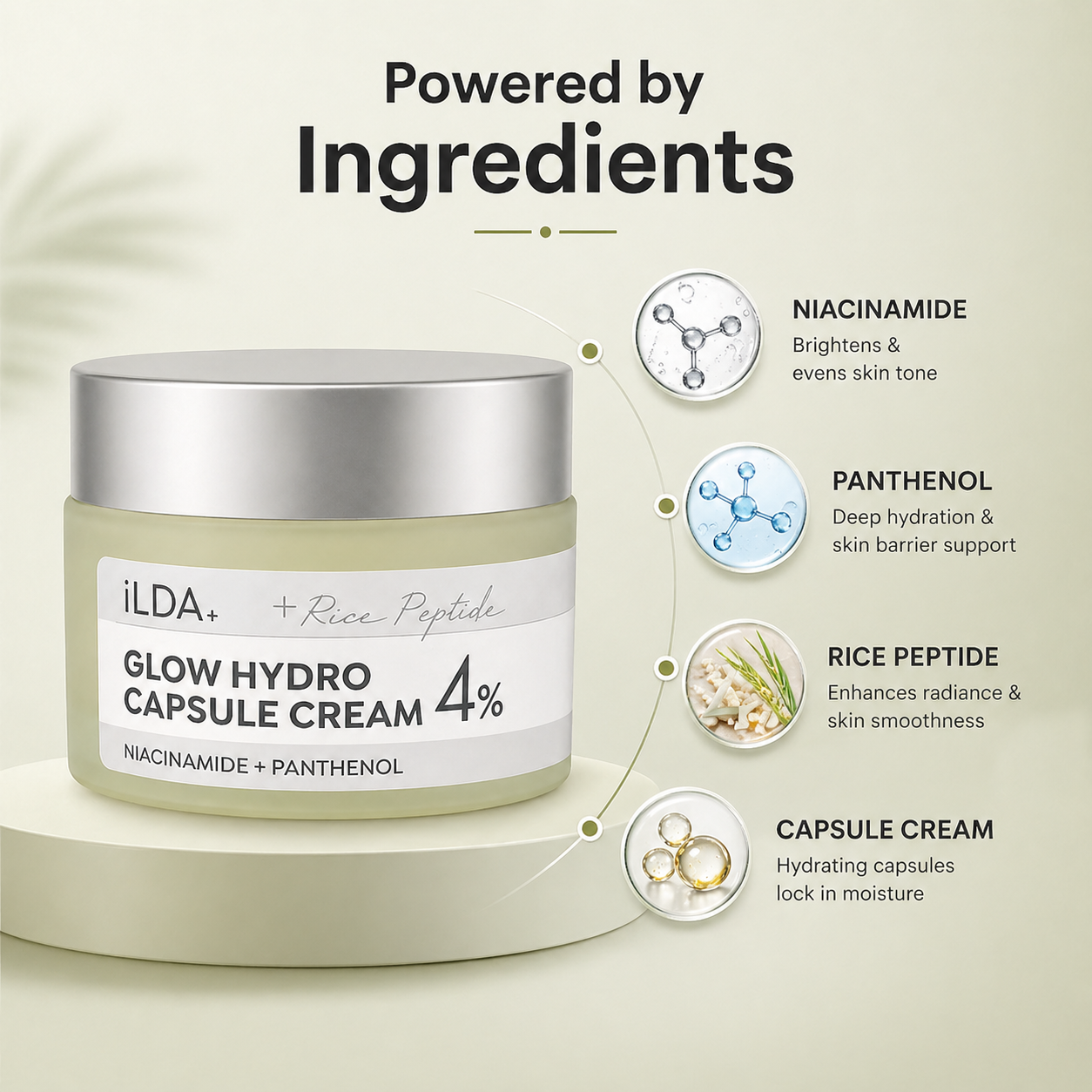 iLDA+ Glow Hydro Capsule Cream 4% face moisturizer with niacinamide and panthenol for hydration and skin brightening