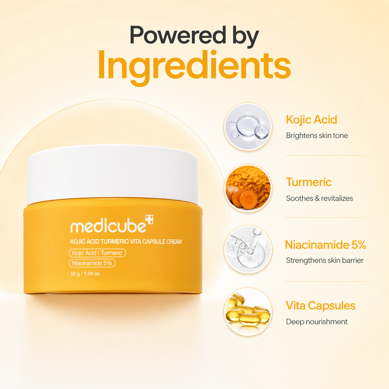 medicube Kojic Acid Turmeric Vita Capsule Cream 55g brightening face cream for dark spots and uneven skin tone