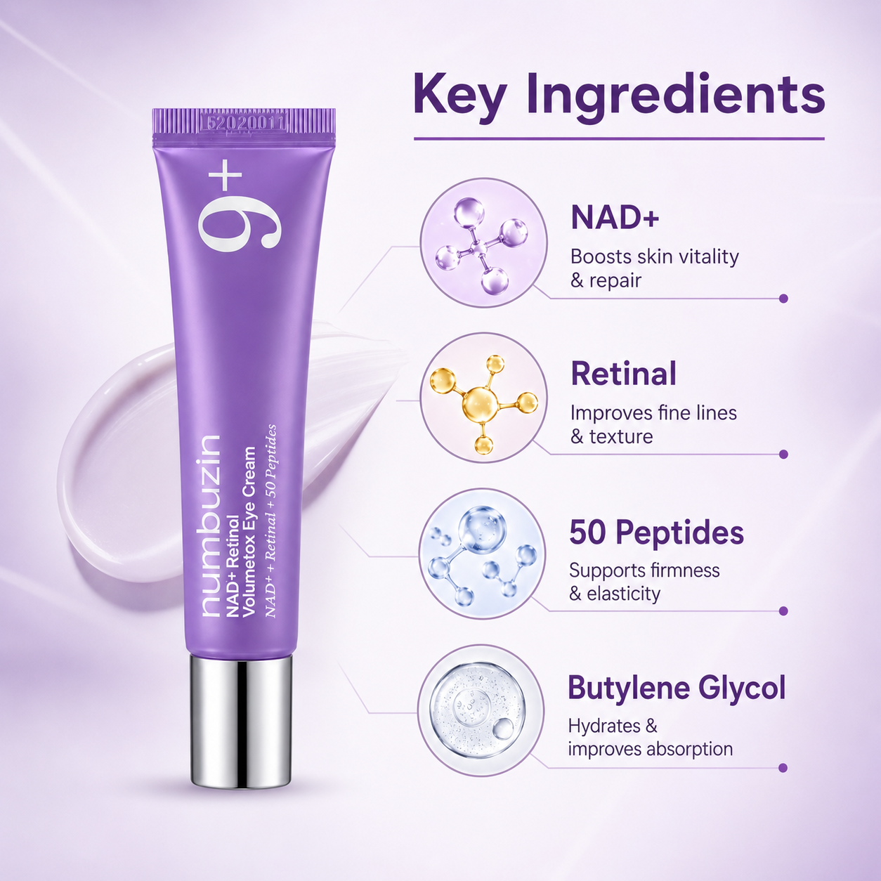 numbuzin NAD+ Retinal Volumetox Eye Cream 20ml anti-aging eye cream with retinal and peptides to improve firmness and reduce wrinkles.